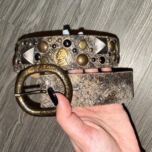 Streets Ahead Nickel Bedazzled Studded Brown Leather Belt Mens Size Large USA